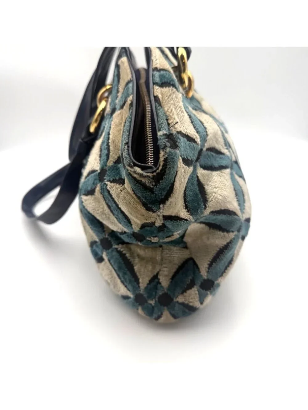 Vintage Tapestry Shoulder Bag Blue Black Geometric Velvet Purse Red Lining